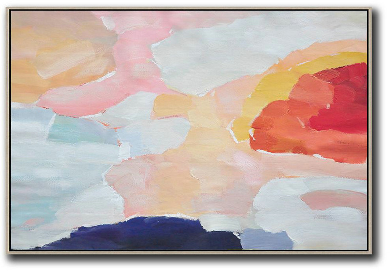 Extra Large Acrylic Painting On Canvas,Oversized Horizontal Contemporary Art,Contemporary Wall Art,Pink,Dark Blue,Grey,Red.etc